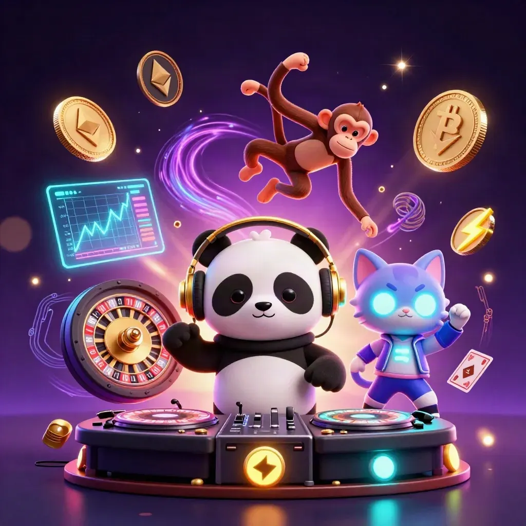 Panda DJ, macaco dançarino e gatinho neon em cassino luxuoso com moedas cripto e luzes.