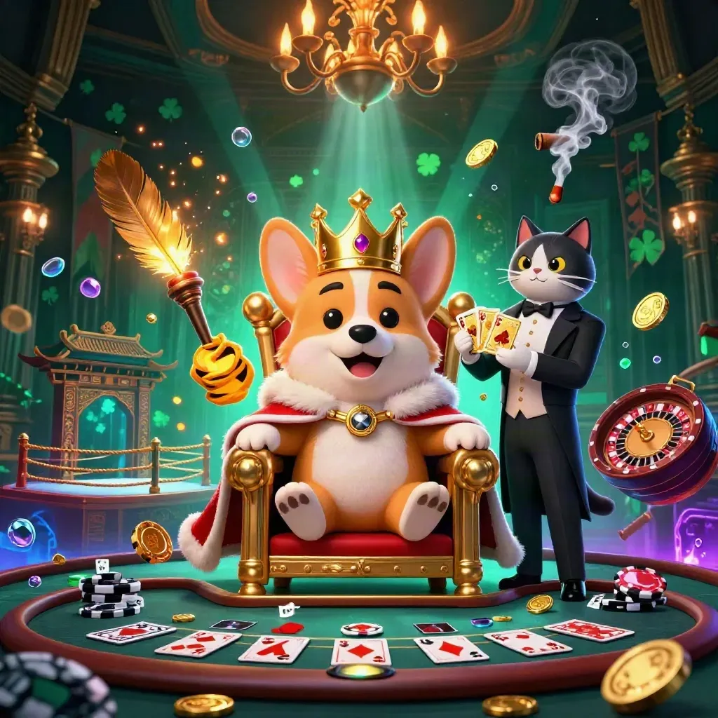 Corgi coroado e gato mordomo em cassino luxuoso, com moedas, cartas e efeitos neon.
