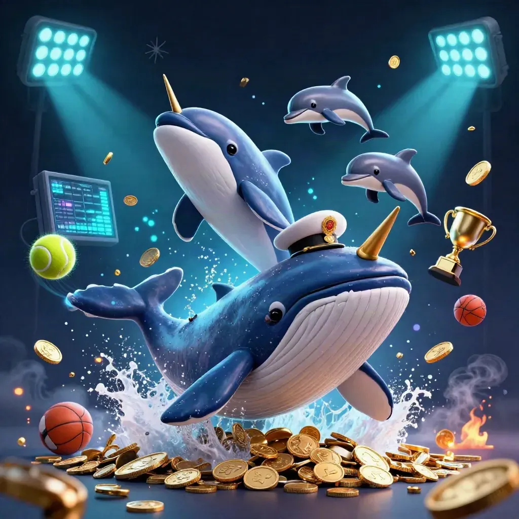 Baleia capitã, narval e golfinhos explodindo em moedas, bolas esportivas e luz azul neon.