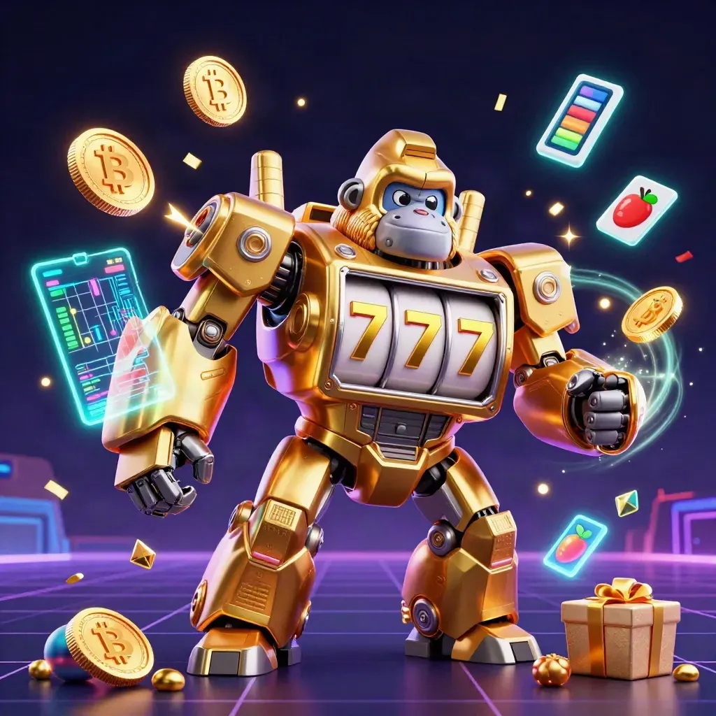 Gorila mecânico dourado com macaco piloto, moedas cripto, luz neon e confetes em fundo escuro.