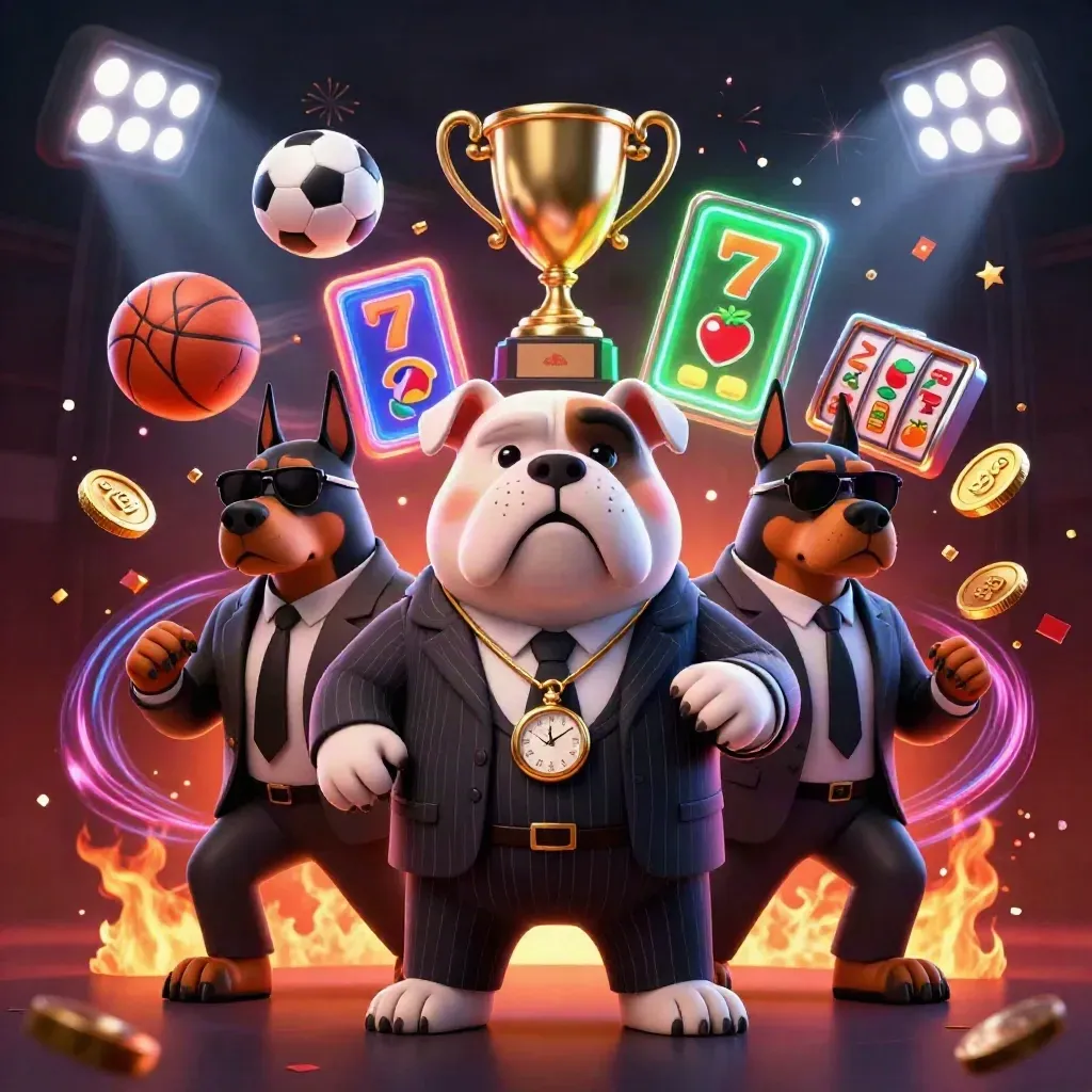 Bulldogue mafioso 3D com dois Dobermans cercados por bolas, troféu, fichas e luzes de cassino.